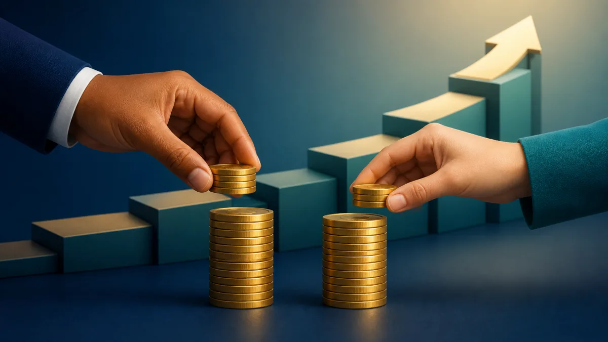 Two hands adding equal amounts to parallel stacks of plain coins
