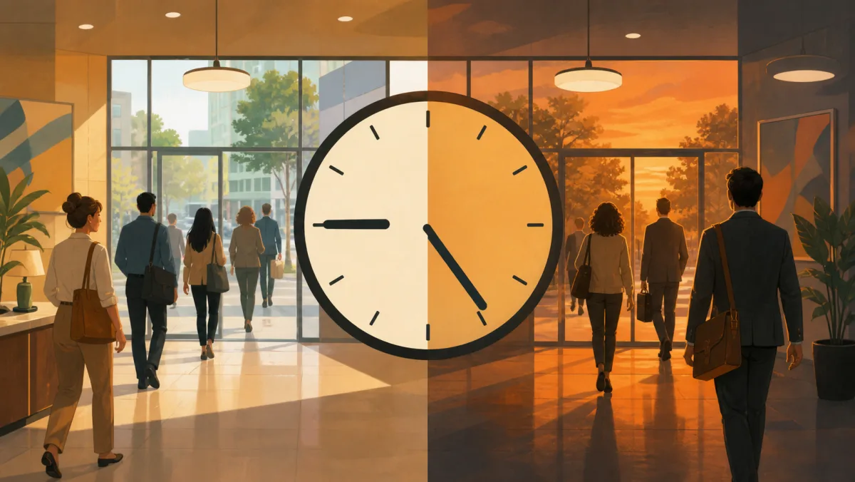 Office workers arriving in daylight and leaving at sunset around a large clock