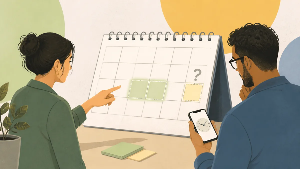 Two highlighted calendar squares and a third uncertain square as coworkers clarify timing