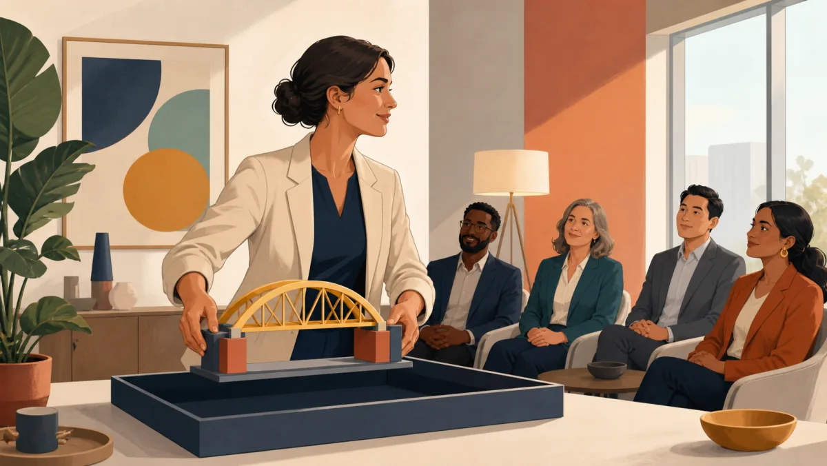 Professional placing a finished bridge model in a tray while presenting it to a review committee