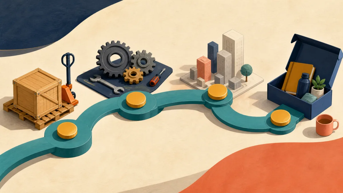 Ochre ownership tokens following one teal pathway through four different workplace stations