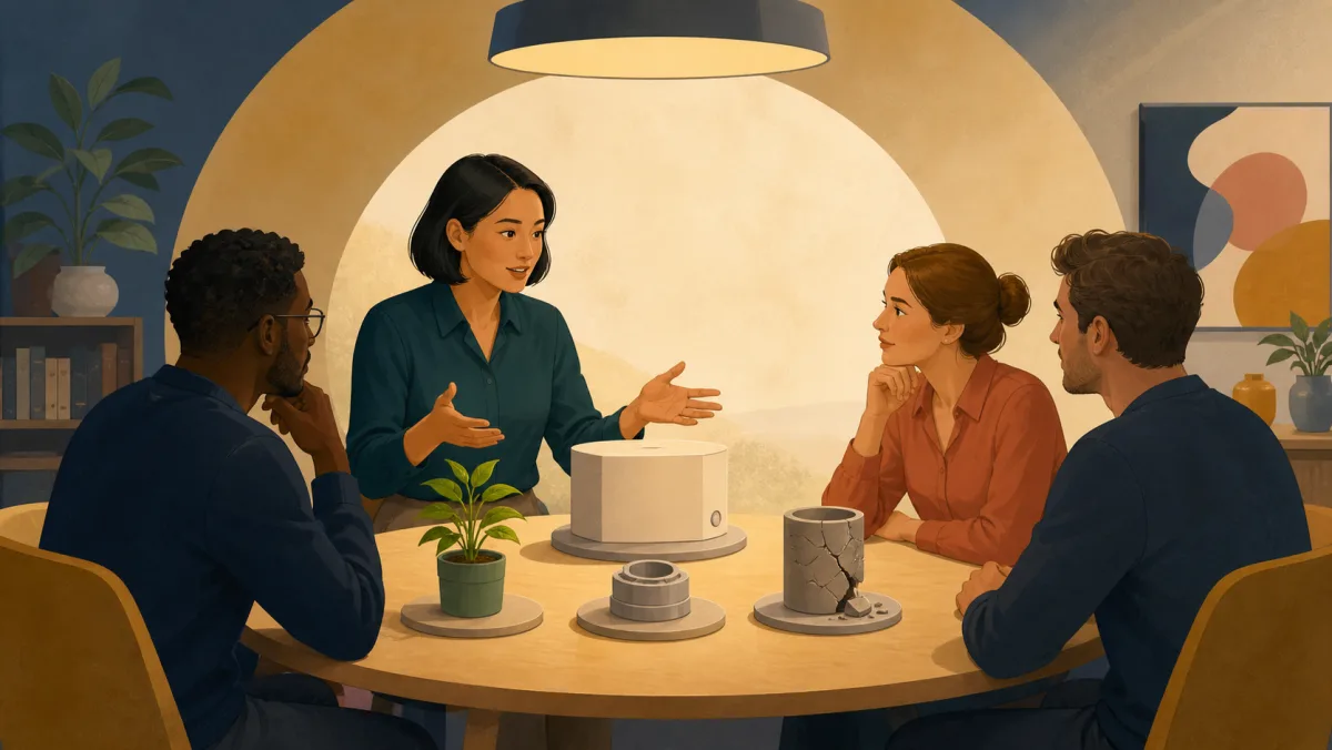 Professionals calmly reviewing flourishing, ordinary, and cracked project components around a table