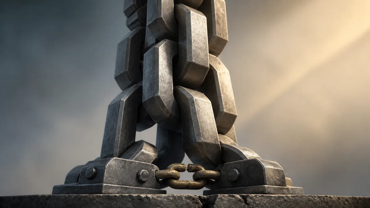 A massive industrial chain supported by one small visibly weakened link