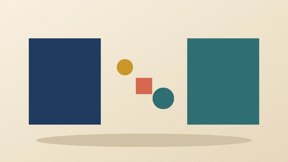 Two dark rounded panels joined by a curved cream band with a gold circle, coral square, and teal triangle