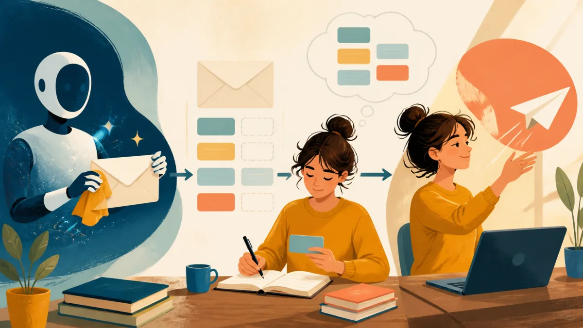 AI assistant polishing one email while a professional extracts reusable patterns and writes independently