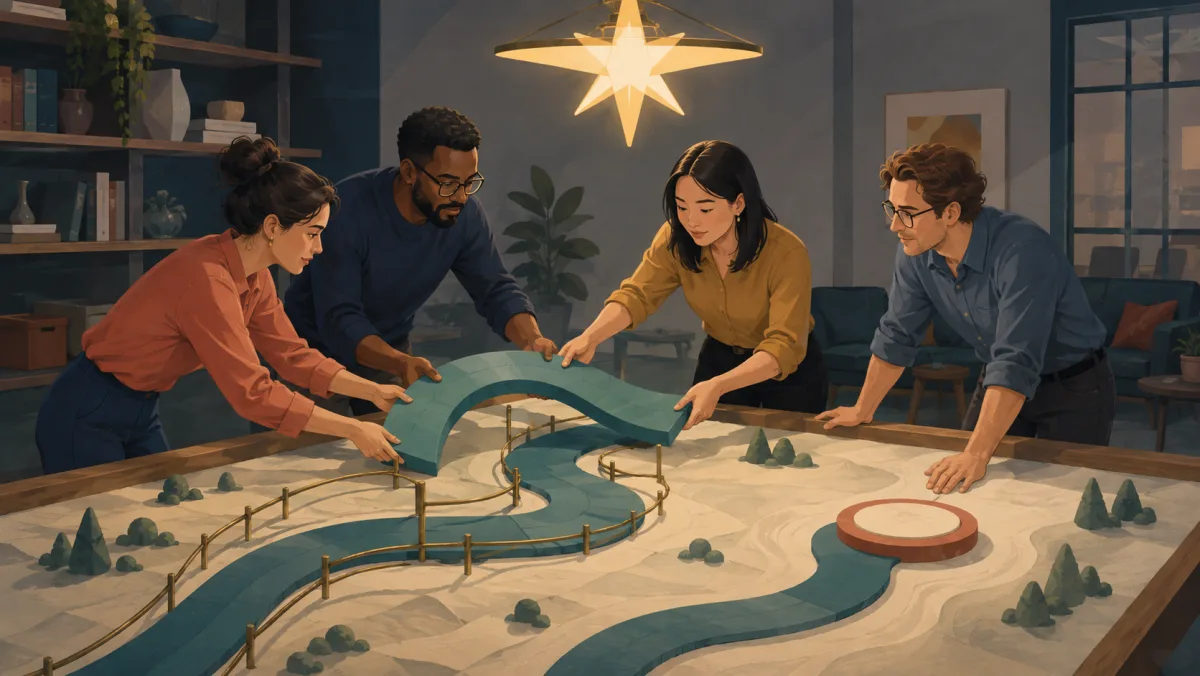 A team adjusts a model pathway within guardrails beneath a fixed star-shaped light