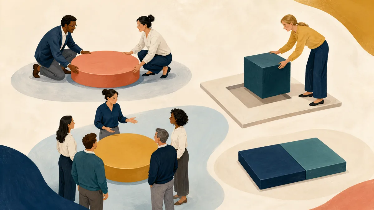 Four scenes show a shared platform, a matched template, a united group, and settled parallel pieces