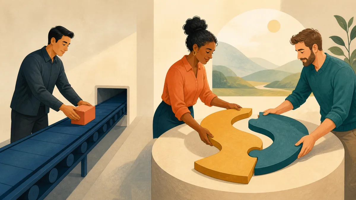 A professional connects two matching pathways while a colleague carries information along a separate route.
