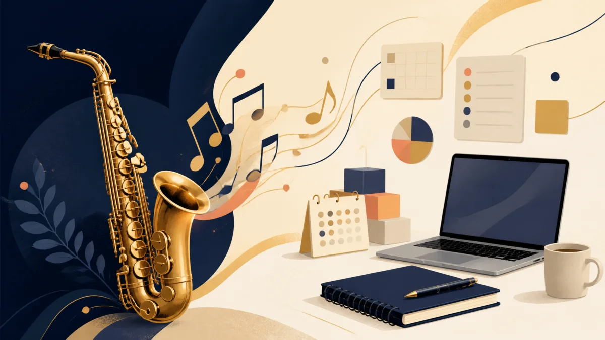 A saxophone and flowing musical notes blending into unbranded office tools and project-planning objects