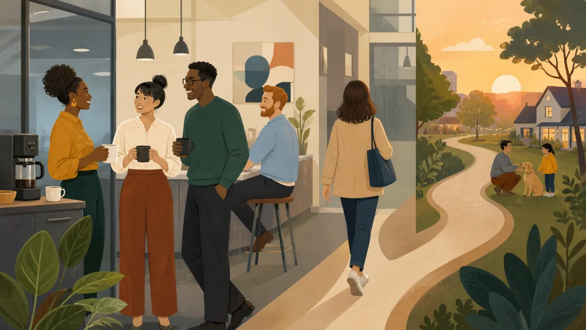 Coworkers chatting warmly as one colleague leaves the office for a separate home-life path