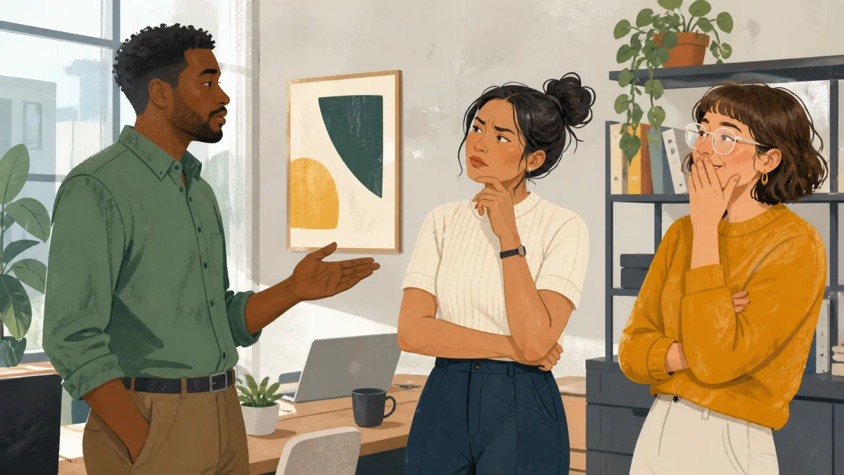 A coworker speaking with a neutral expression as colleagues react with uncertainty and amusement