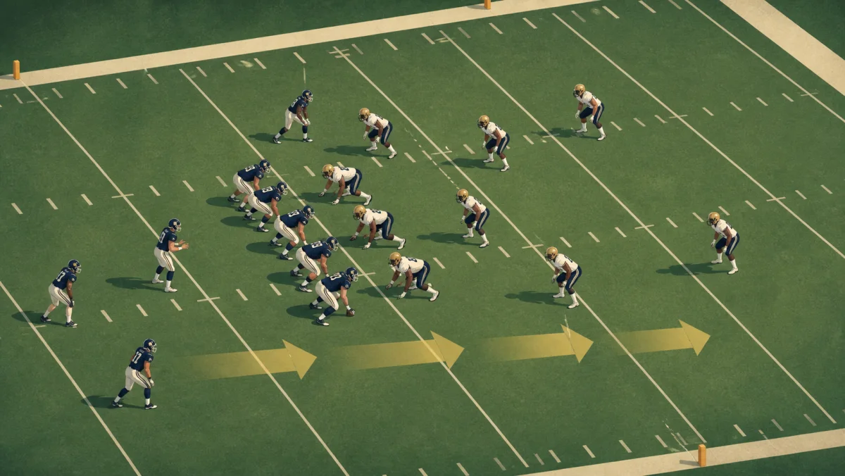 Two unbranded American football teams lined up on a field with arrows showing forward progress