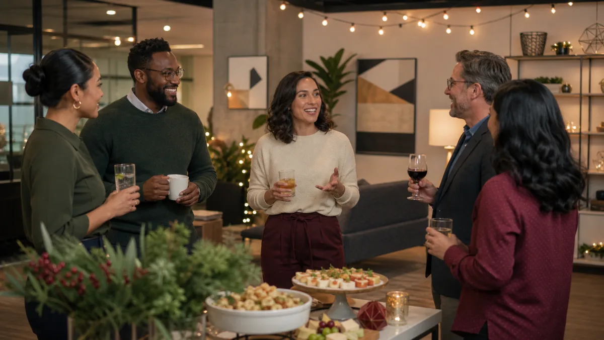 Five coworkers at an inclusive office holiday gathering with food and alcoholic and nonalcoholic drinks