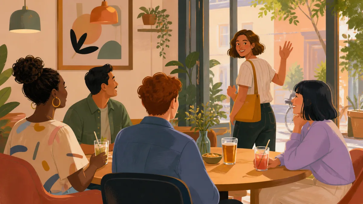 Coworkers socializing with varied drinks as one colleague comfortably waves goodbye