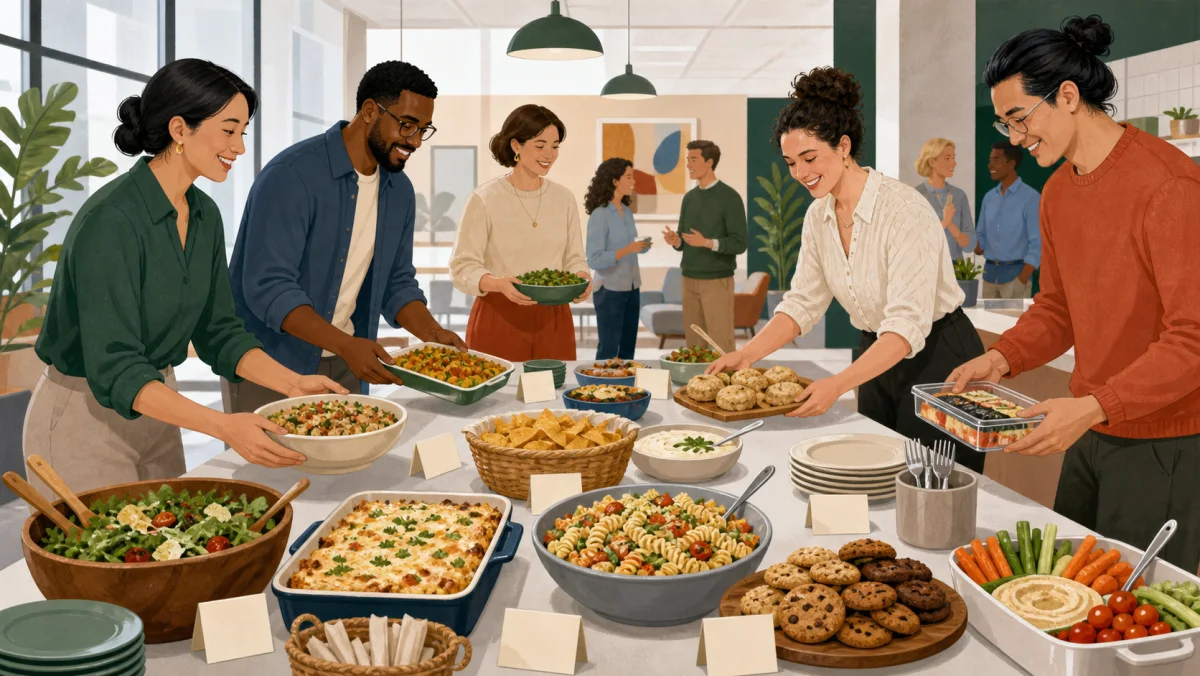 Coworkers arranging a shared office buffet with varied dishes and blank ingredient cards