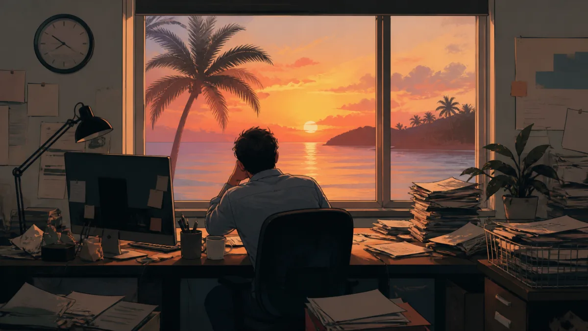 An employee surrounded by office clutter looking toward a serene tropical sunset
