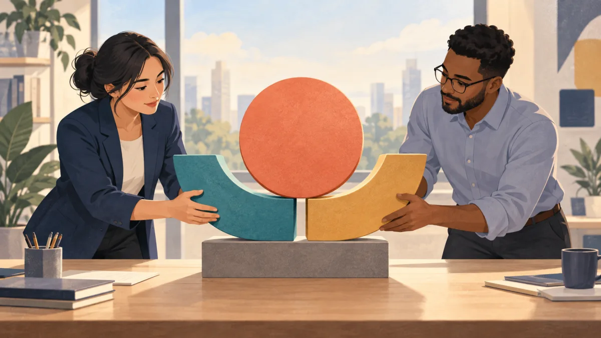Two colleagues fit different curved supports beneath the same centerpiece to make it stable