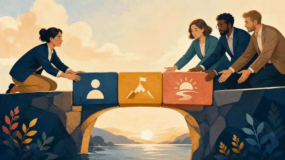A candidate and hiring team joining three evidence blocks to complete a bridge