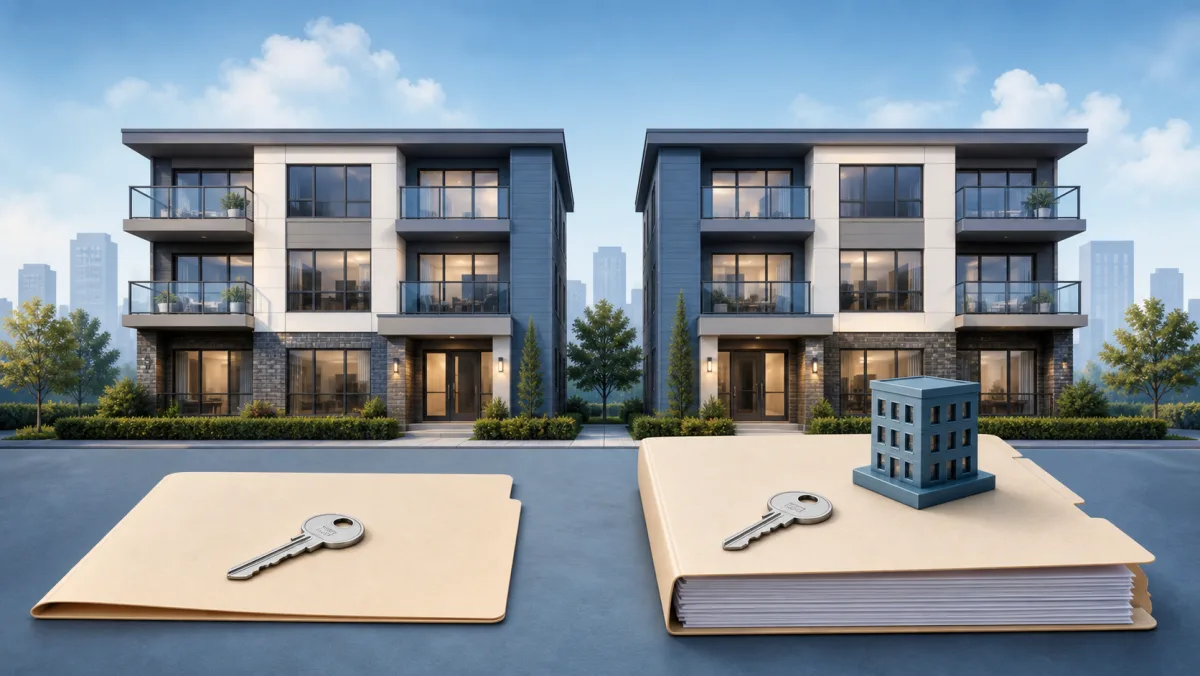 Two similar residential buildings with a simple key folder and a thicker ownership folder