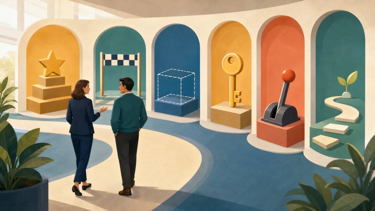 A candidate and interviewer walk past six stations representing workplace expectations