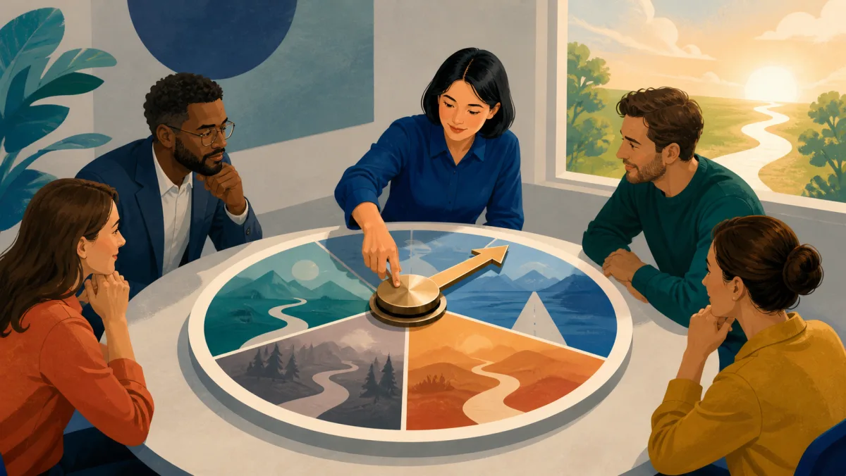 A meeting team watches a colleague turn a selector from several routes toward one path