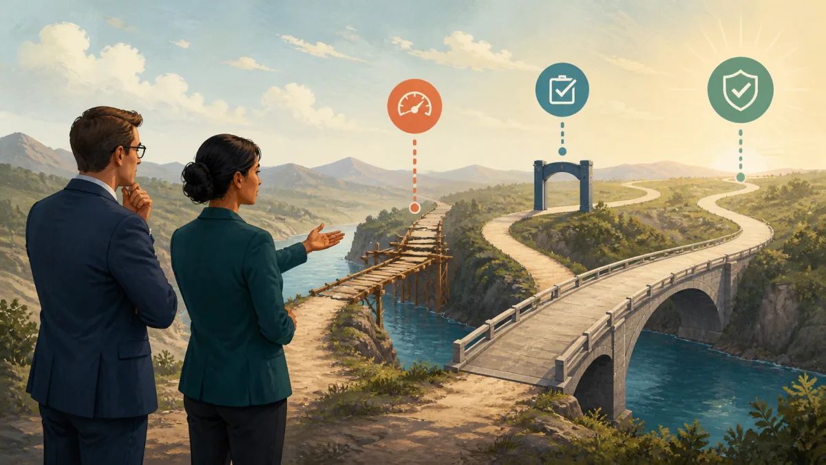 Two professionals compare a rushed fragile bridge with a longer solid route