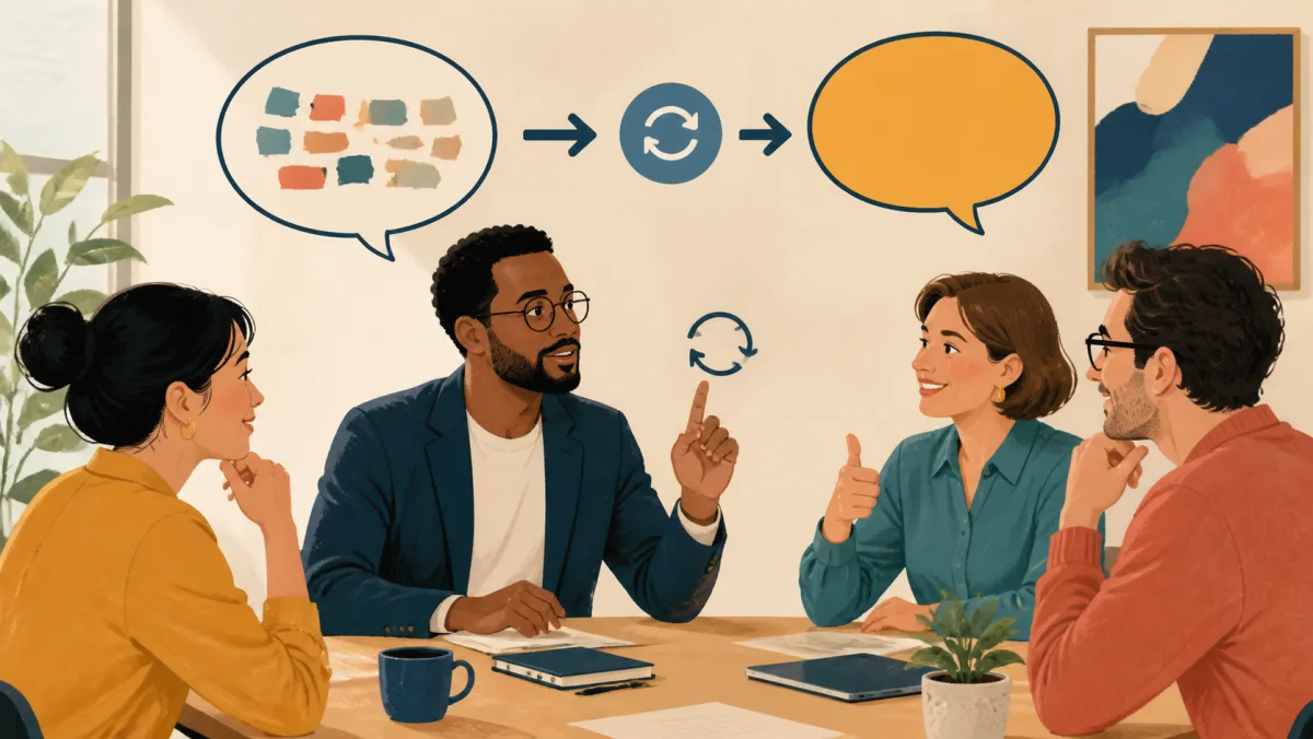 Colleague repeating an unclear fragmented message as a clear speech bubble during a meeting