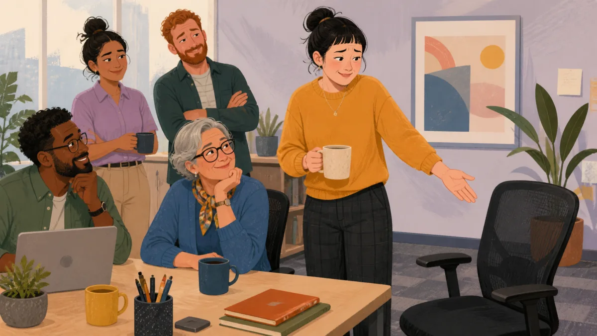 A coworker gesturing toward an empty chair while colleagues smile knowingly