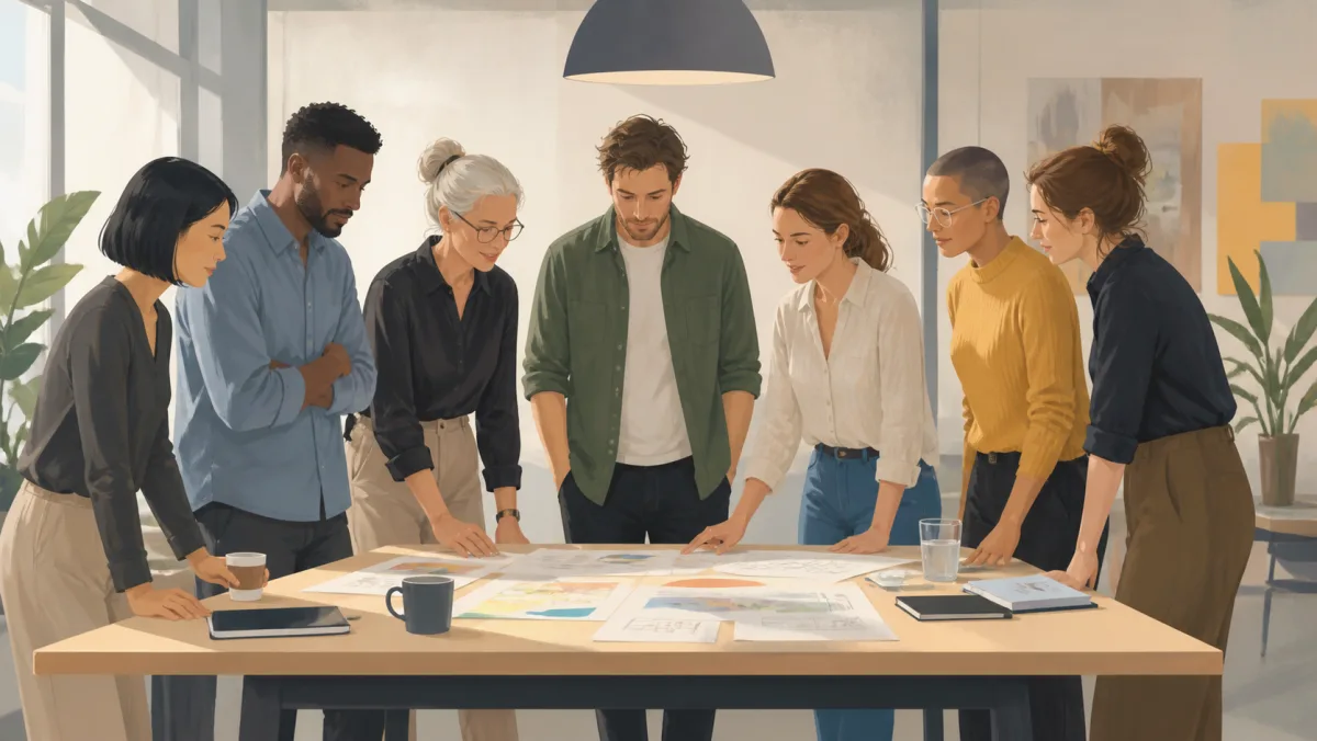 A varied group of everyday professionals collaborating equally around a table