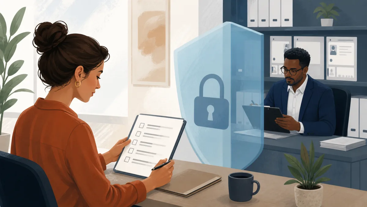 A job candidate reviewing a blank consent checklist while records are verified behind a privacy shield