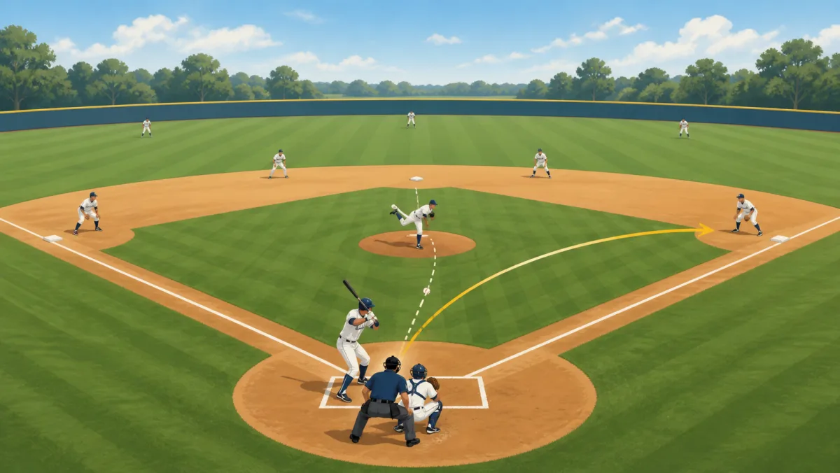 A generic baseball diamond with unbranded players and motion paths showing a pitch and movement toward first base