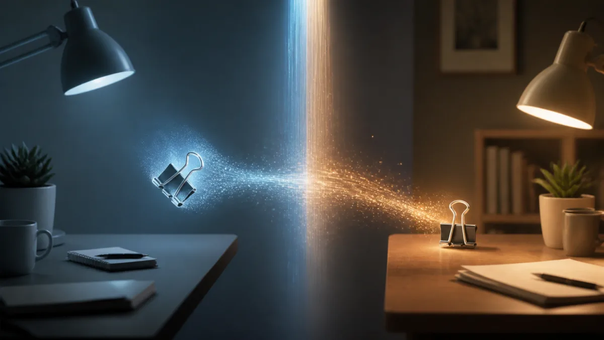 A plain binder clip dissolving into light and reappearing on a distant office desk