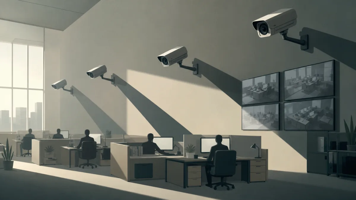 Multiple security cameras casting long shadows across a monitored open office