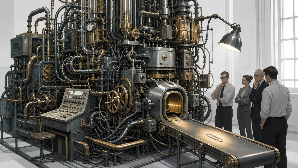 An enormous elaborate machine producing a single ordinary paperclip