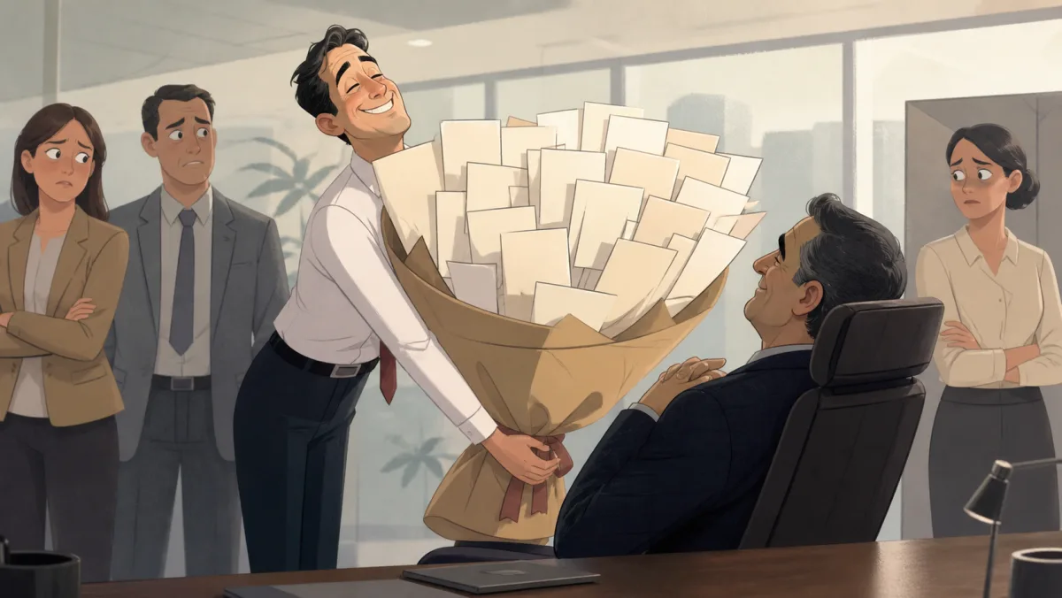 An employee presenting an excessive bouquet of blank praise cards to a manager