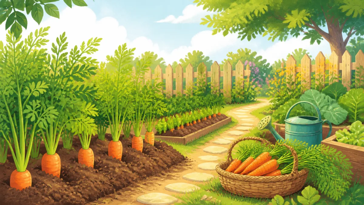 A sunny vegetable garden with rows and a basket of carrots, with no people or animals