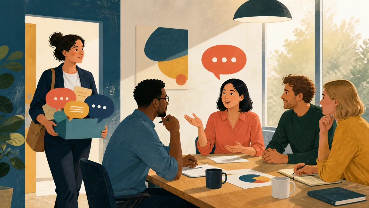 Professional bringing a toolbox of speech symbols into a collaborative workplace meeting