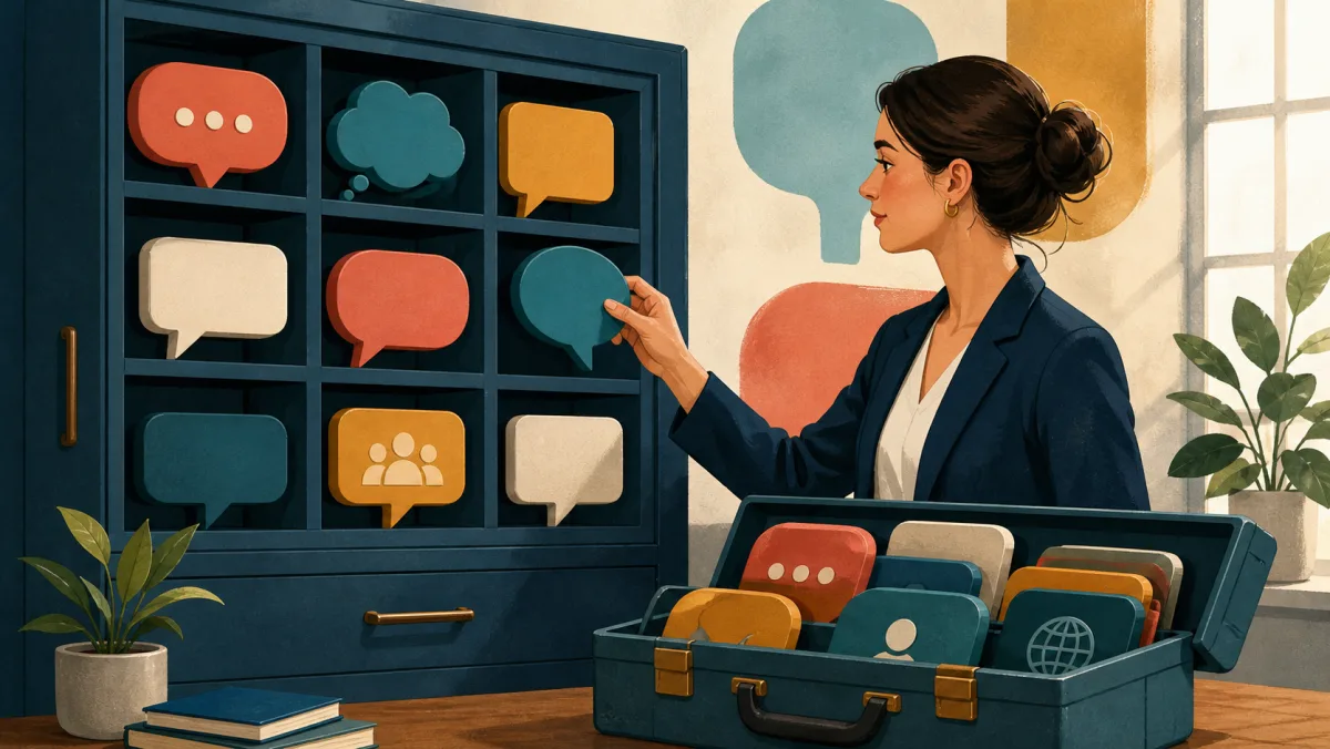 Professional selecting reusable workplace speech symbols from an organized cabinet and toolbox