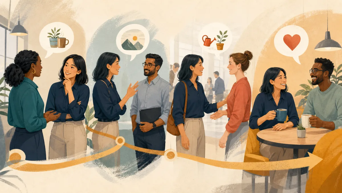 Two colleagues connect five small conversation circles with warm gestures and simple relationship icons
