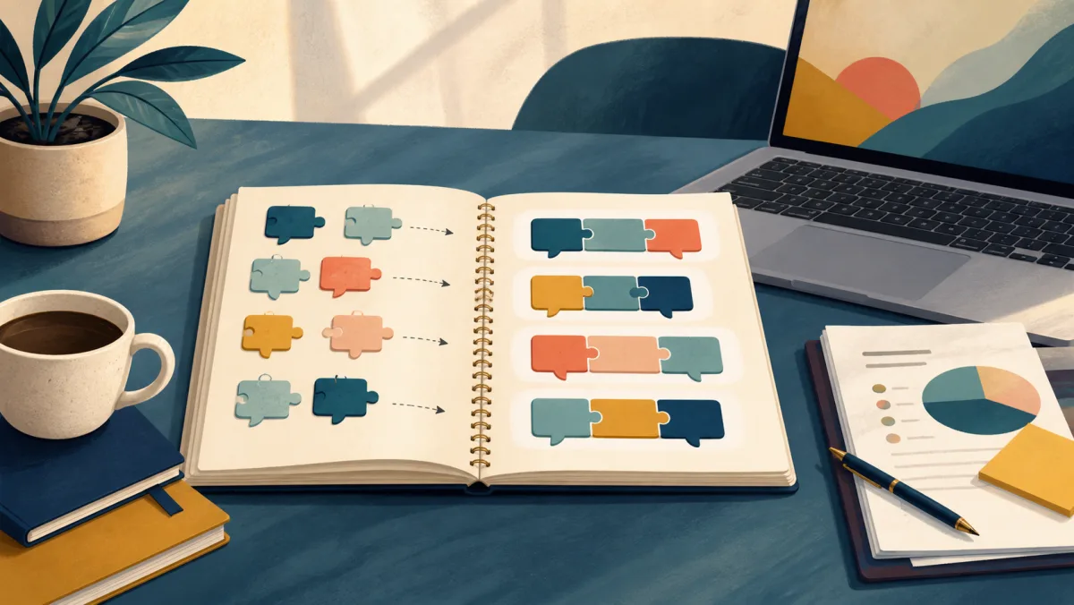 Notebook organizing connected workplace phrases into reusable patterns beside a laptop and meeting notes