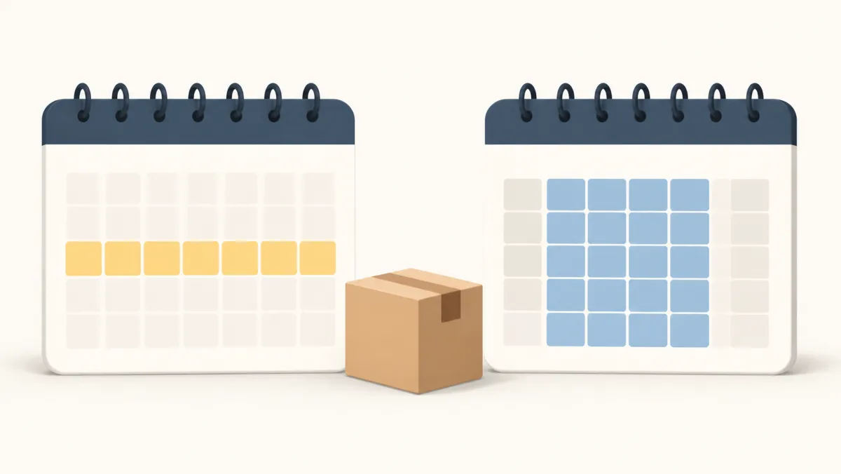 Two calendars comparing continuous days with weekday-only highlights beside a delivery box