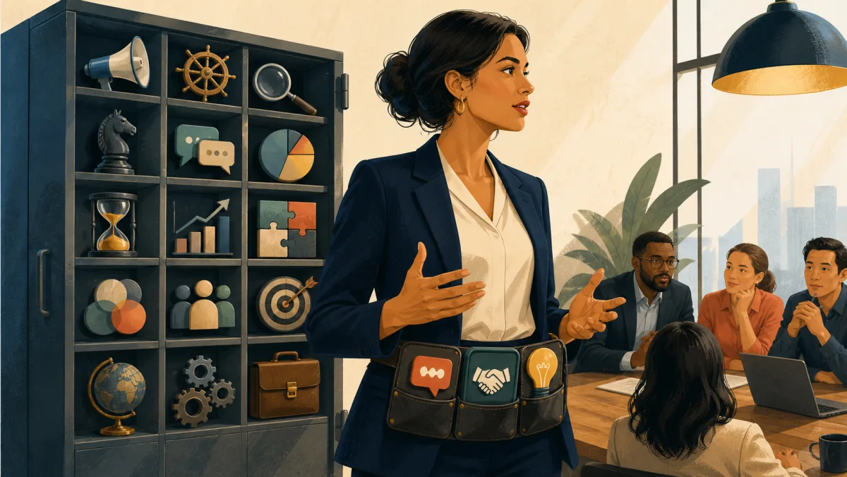 A professional selects practical communication tools from an organized workplace toolkit
