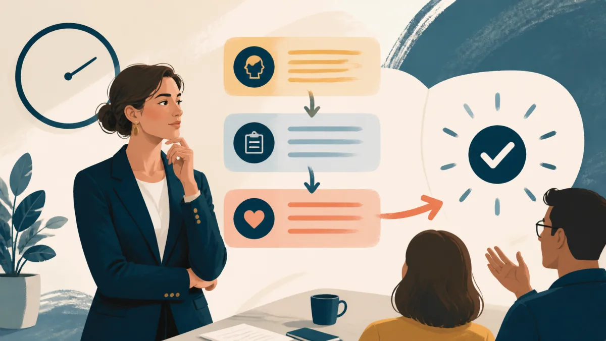 Professional using a brief thoughtful pause to organize a clear three-part workplace answer