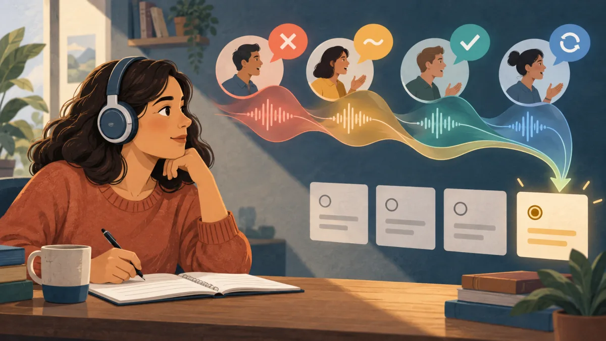 A learner wearing headphones connects colored sound streams to one clear response card