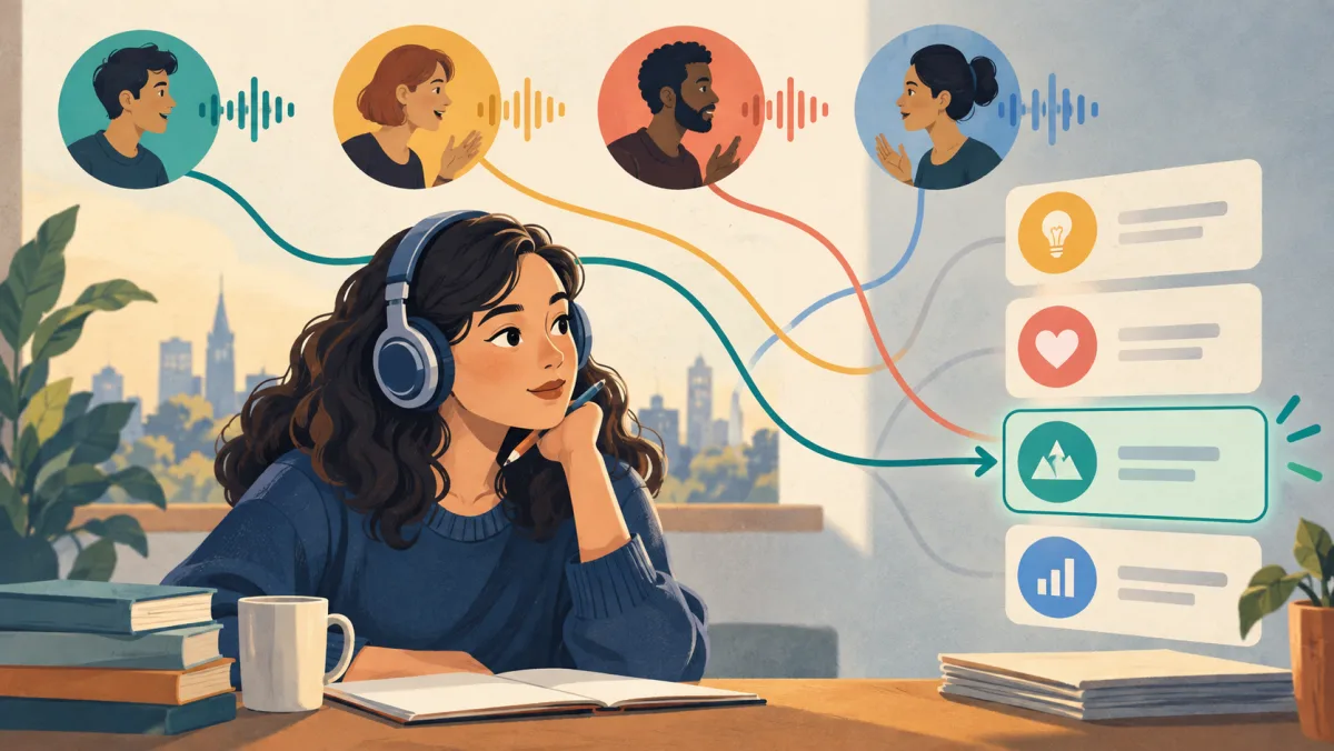 A learner wearing headphones connects colored sound streams to one clear response card