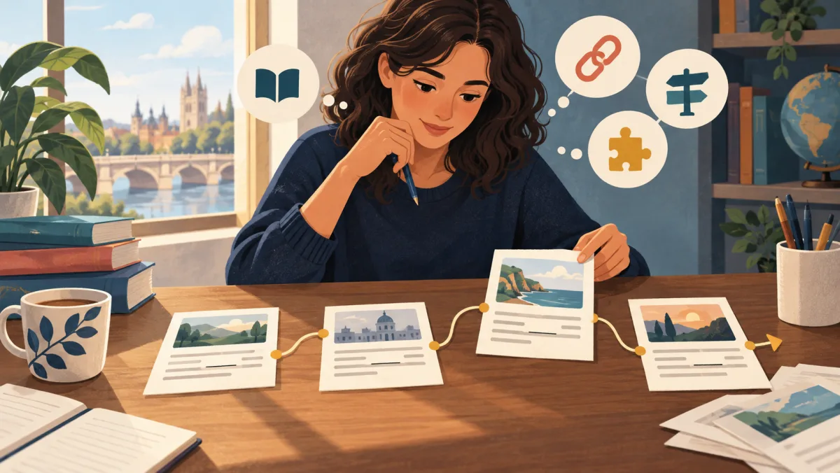 A learner connects passage cards, context clues, and precise word choices into one coherent route