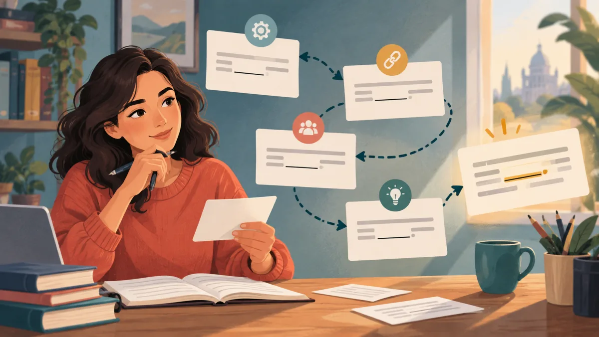 A learner connects passage cards, context clues, and precise word choices into one coherent route