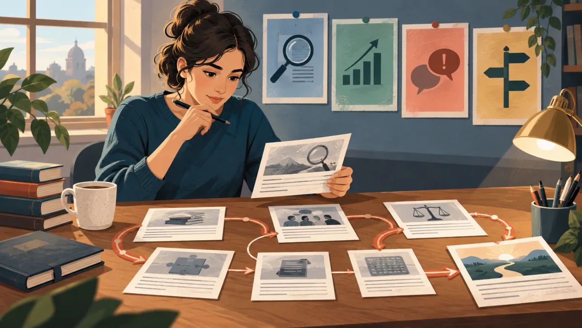 A learner connects passage cards, context clues, and precise word choices into one coherent route