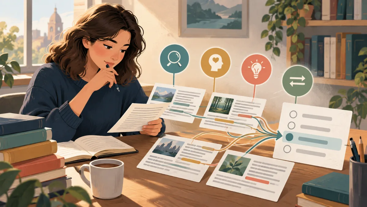 A learner connects passage cards, context clues, and precise word choices into one coherent route