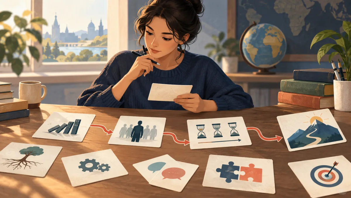 A learner connects passage cards, context clues, and precise word choices into one coherent route